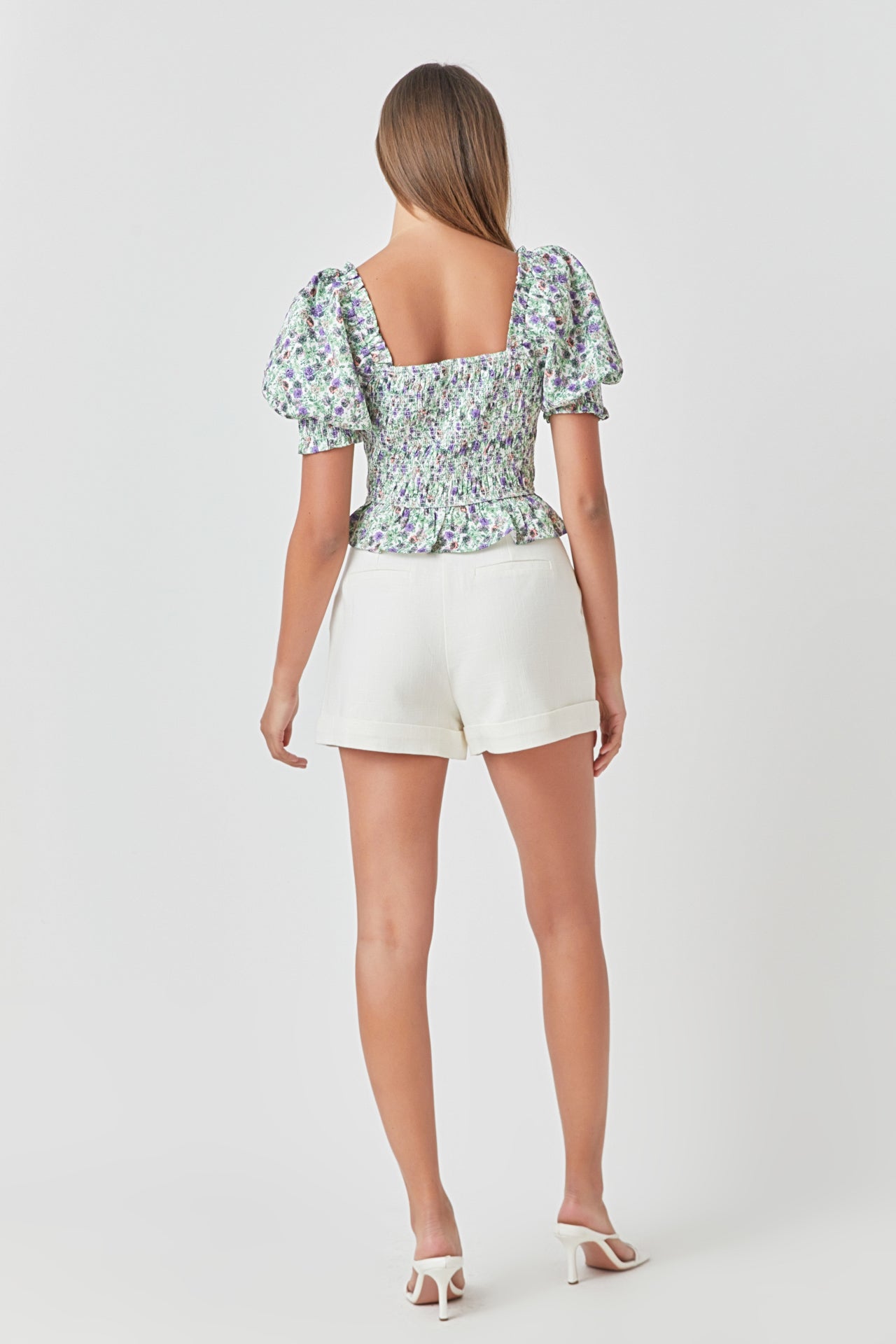 ENDLESS ROSE - Jacquard Floral Smocked Puff Sleeve Top - TOPS available at Objectrare