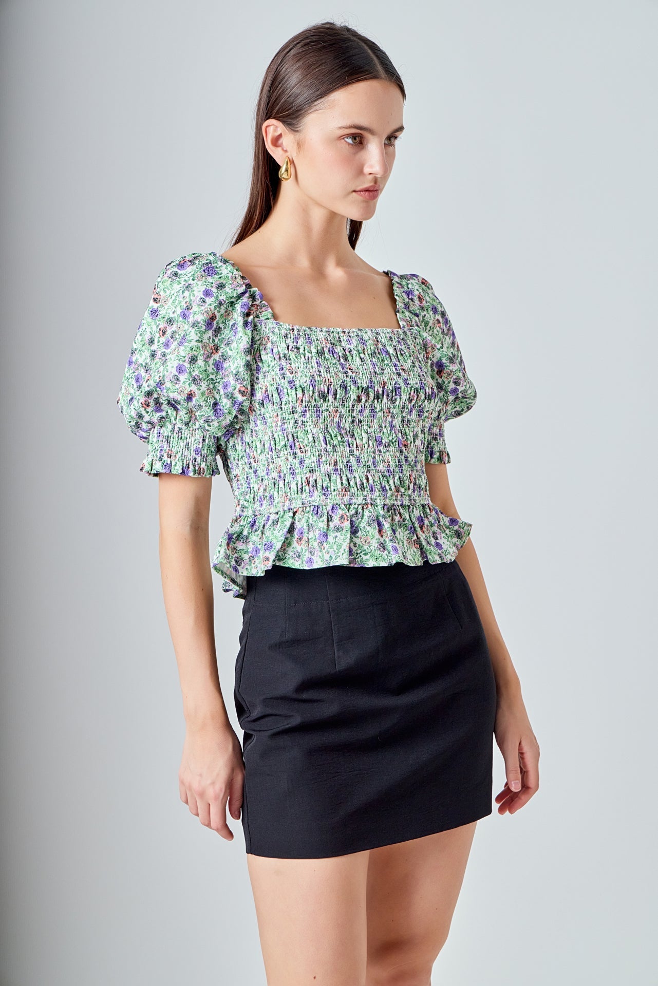 ENDLESS ROSE - Jacquard Floral Smocked Puff Sleeve Top - TOPS available at Objectrare