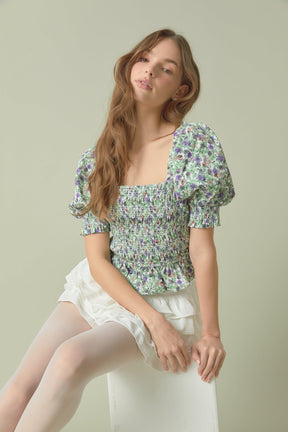 ENDLESS ROSE - Endless Rose - Jacquard Floral Smocked Puff Sleeve Top - TOPS available at Objectrare