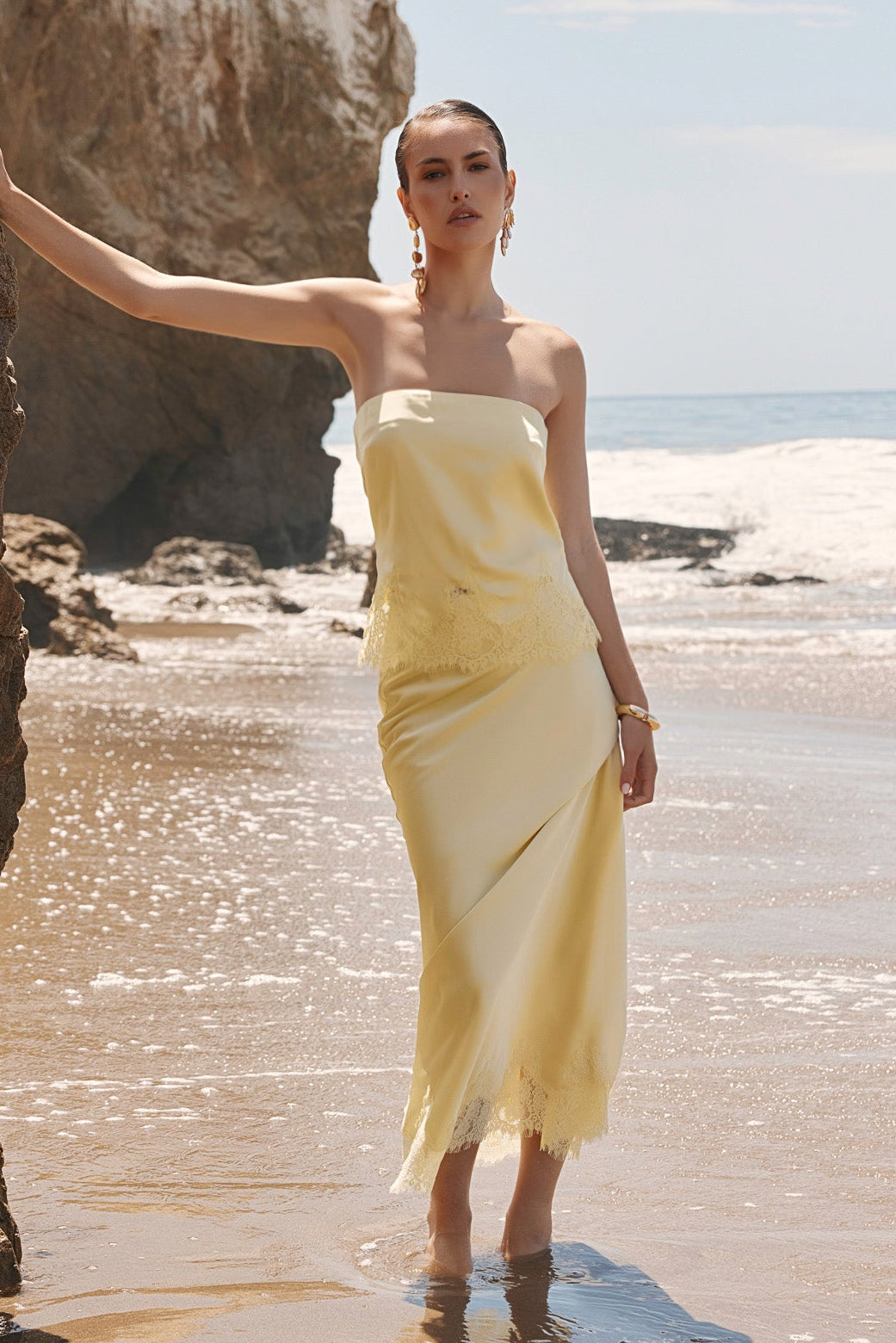 Satin Lace Midi Skirt