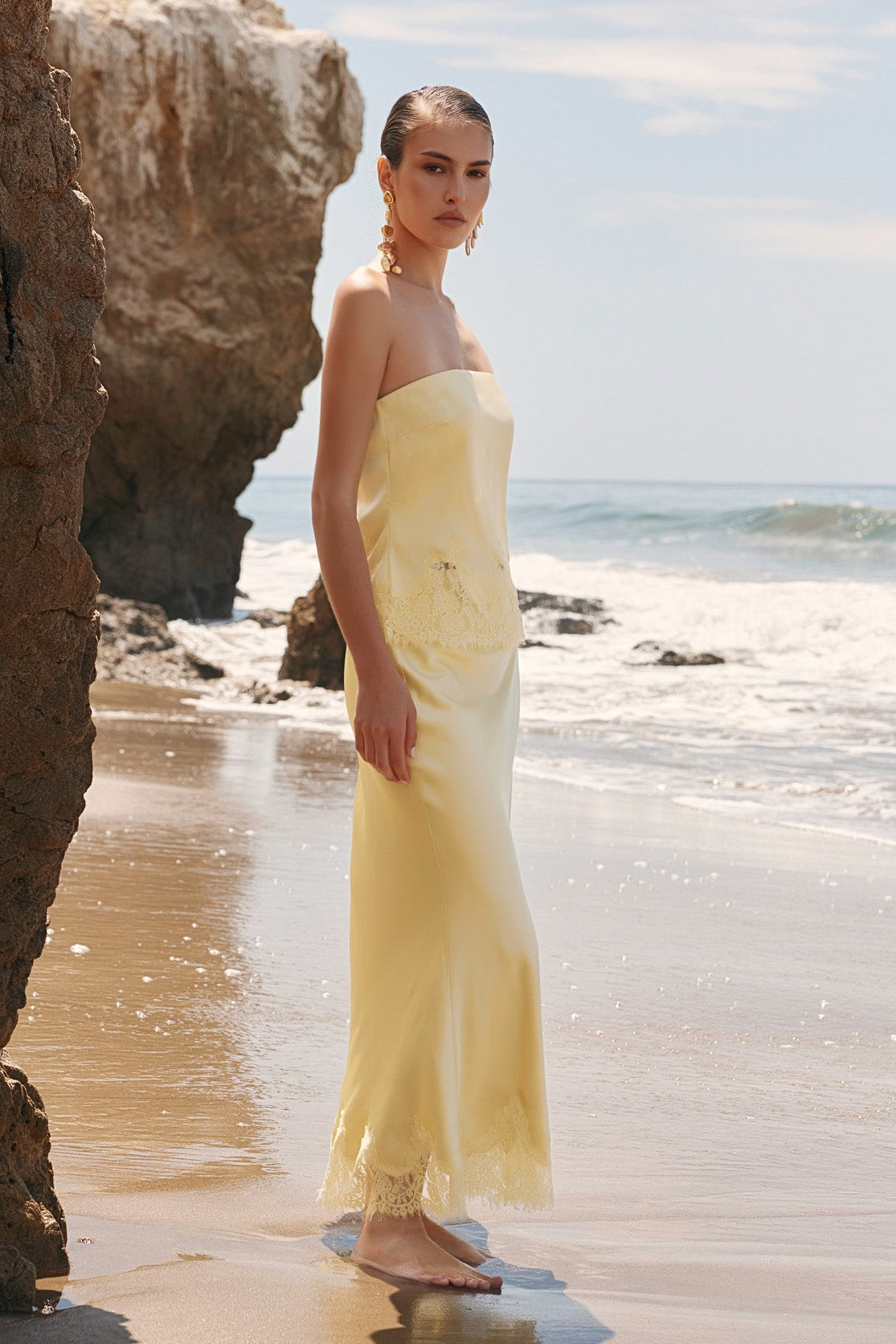 Satin Lace Midi Skirt