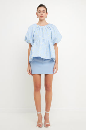 Floral Jacquard Spg Tie Flounce Blouse