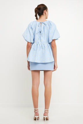 Floral Jacquard Spg Tie Flounce Blouse