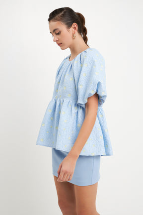Floral Jacquard Spg Tie Flounce Blouse