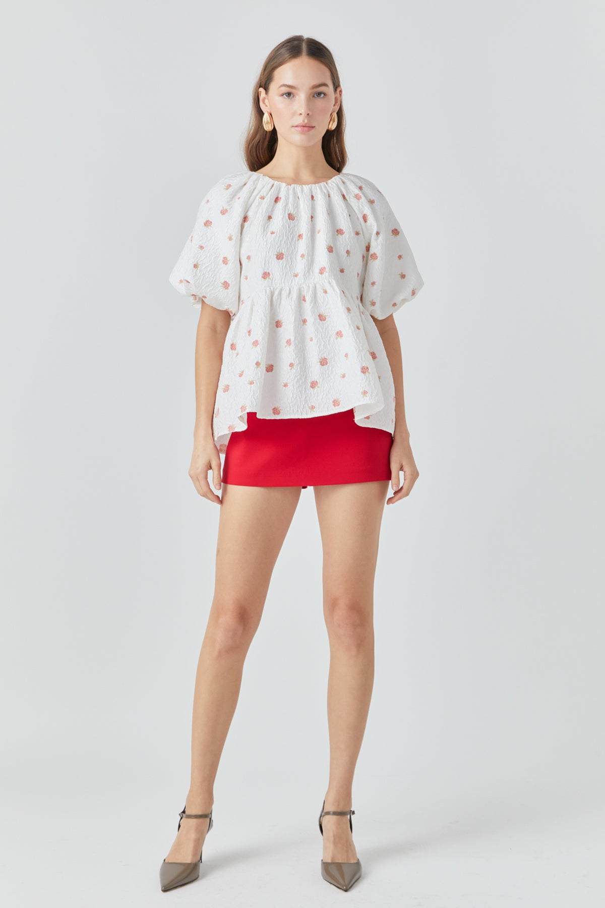 ENDLESS ROSE - Floral Jacquard Spg Tie Flounce Blouse - TOPS available at Objectrare