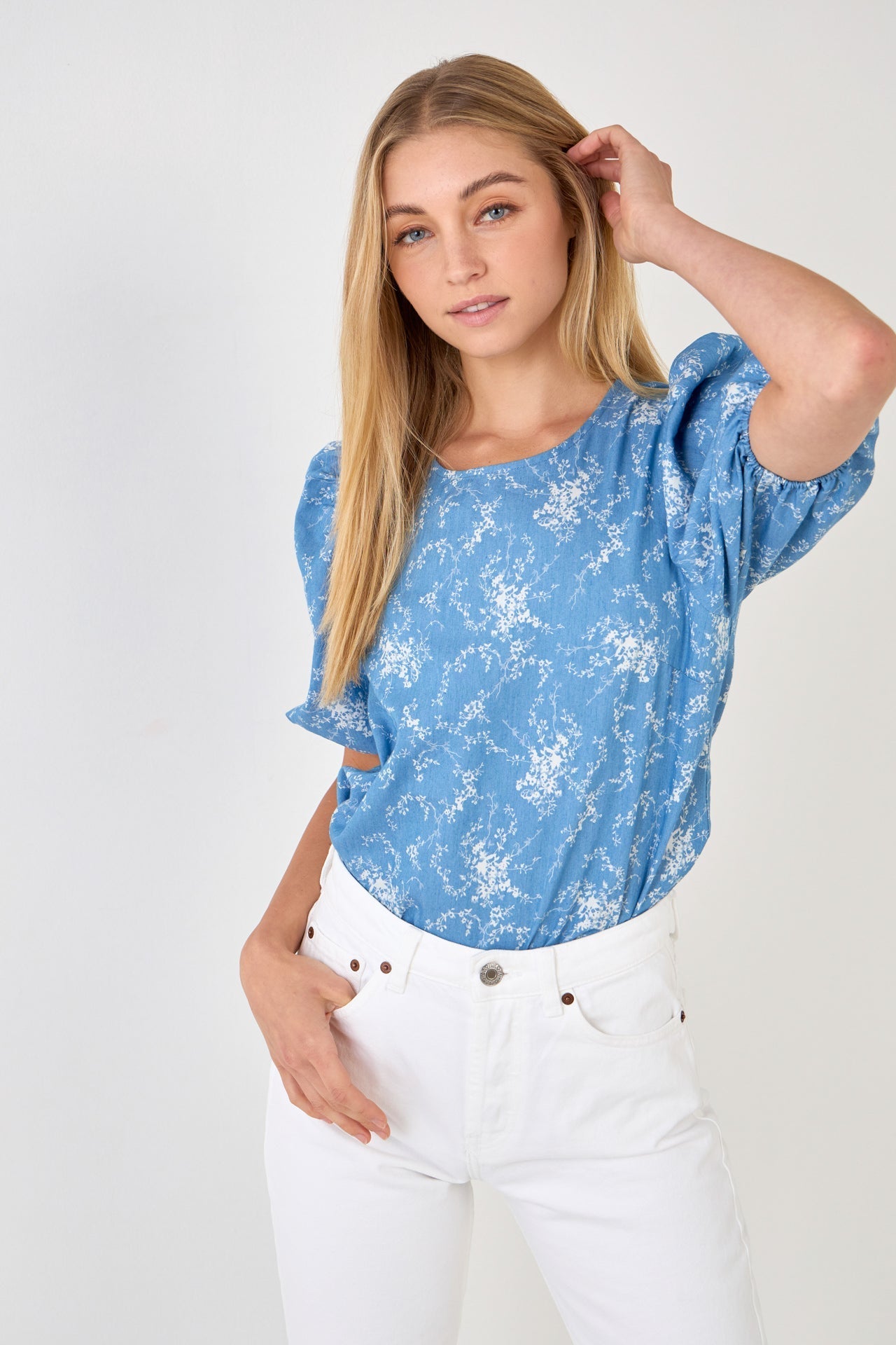 ENGLISH FACTORY - English Factory - Puff Sleeve Chambray Floral Top - TOPS available at Objectrare