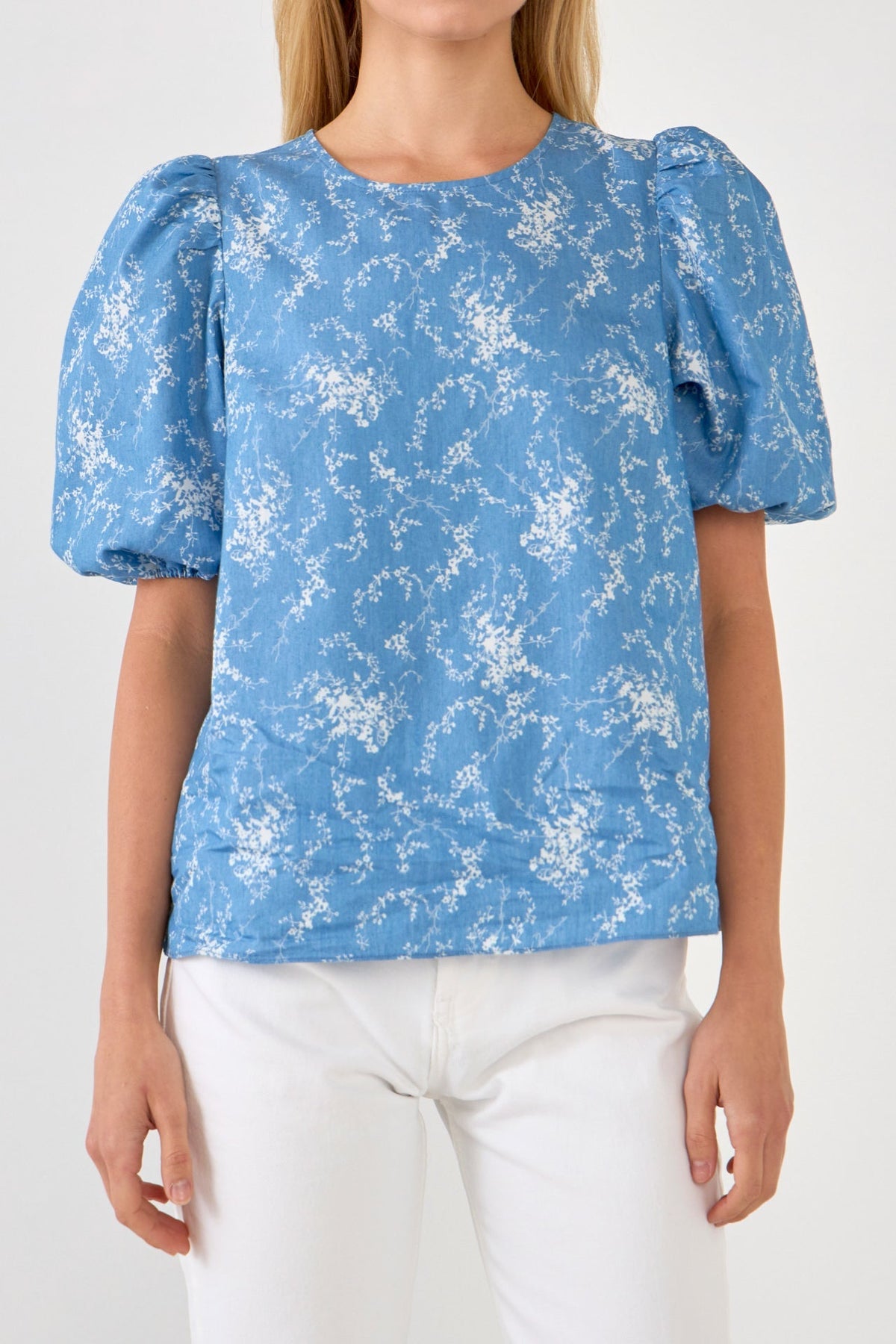 ENGLISH FACTORY - Puff Sleeve Chambray Floral Top - TOPS available at Objectrare