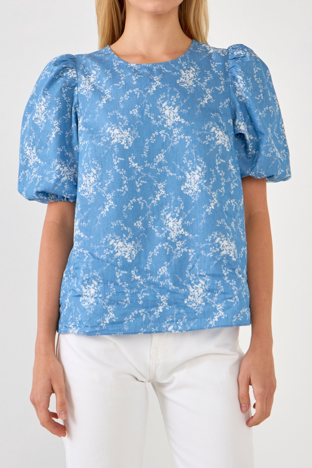 ENGLISH FACTORY - English Factory - Puff Sleeve Chambray Floral Top - TOPS available at Objectrare