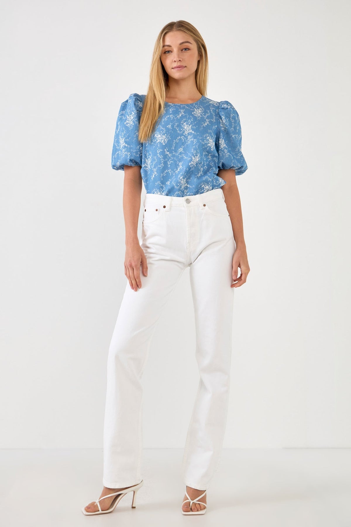 ENGLISH FACTORY - Puff Sleeve Chambray Floral Top - TOPS available at Objectrare