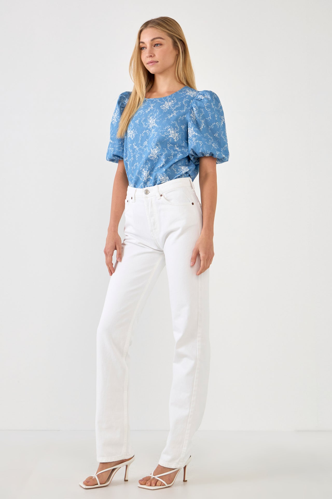 ENGLISH FACTORY - English Factory - Puff Sleeve Chambray Floral Top - TOPS available at Objectrare