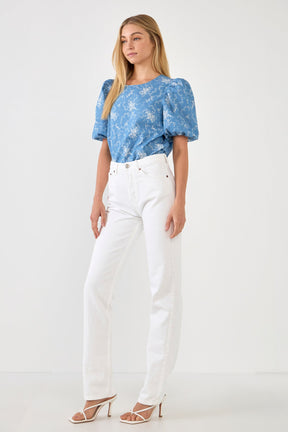 ENGLISH FACTORY - English Factory - Puff Sleeve Chambray Floral Top - TOPS available at Objectrare