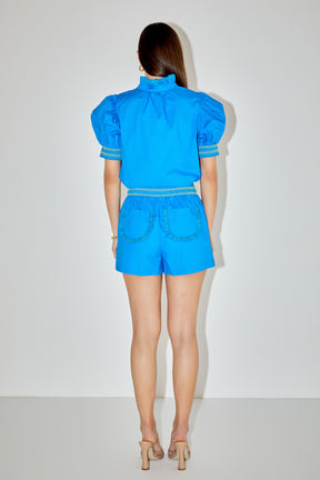 LA'VEN - Ruffle Pocket Embroidered Short - SHORTS available at Objectrare