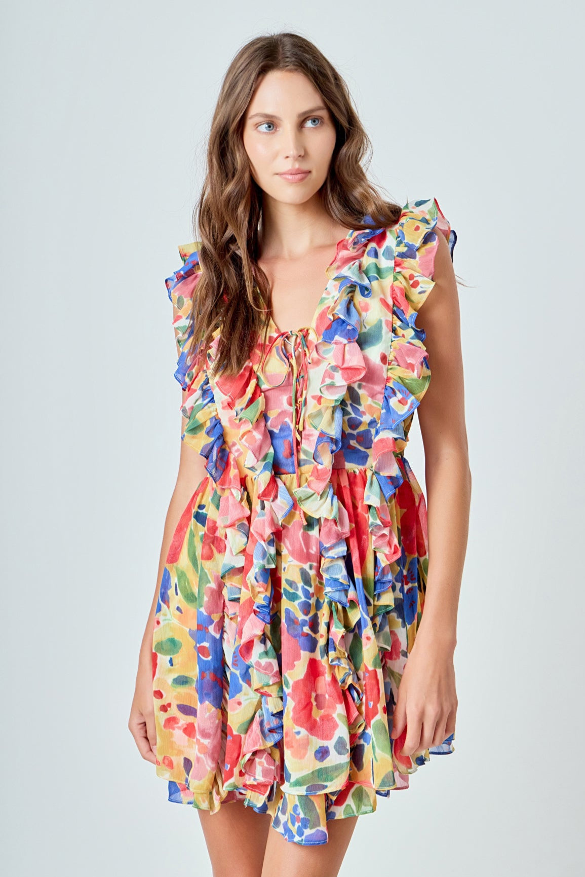 ENDLESS ROSE - Multi Pop Floral Chiffon Ruffled Mini - DRESSES available at Objectrare