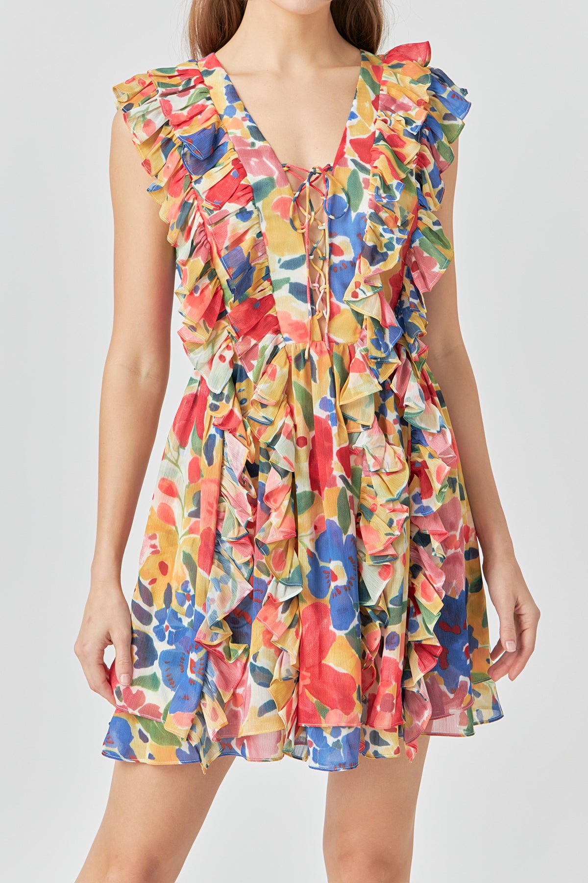 ENDLESS ROSE - Multi Pop Floral Chiffon Ruffled Mini - DRESSES available at Objectrare