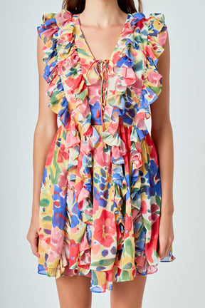 ENDLESS ROSE - Multi Pop Floral Chiffon Ruffled Mini - DRESSES available at Objectrare