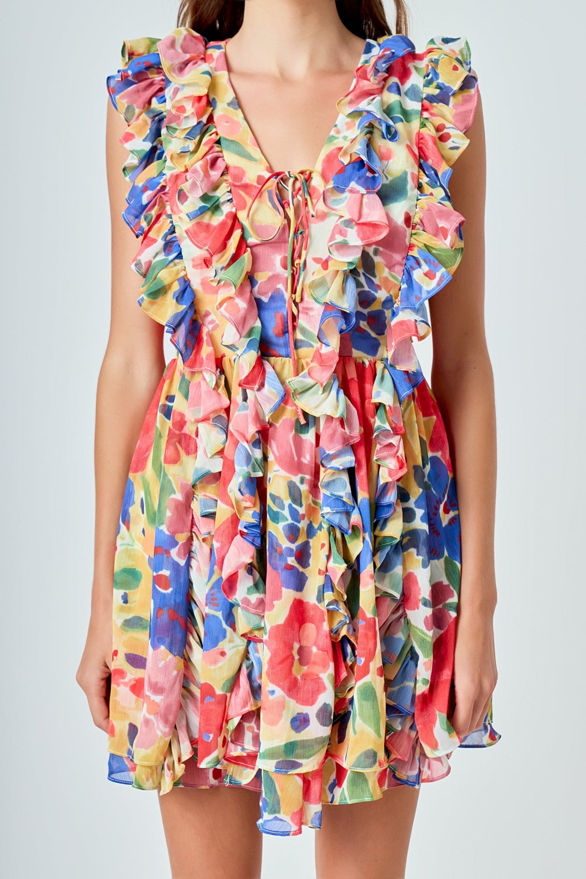Multi Pop Floral Chiffon Ruffled Mini