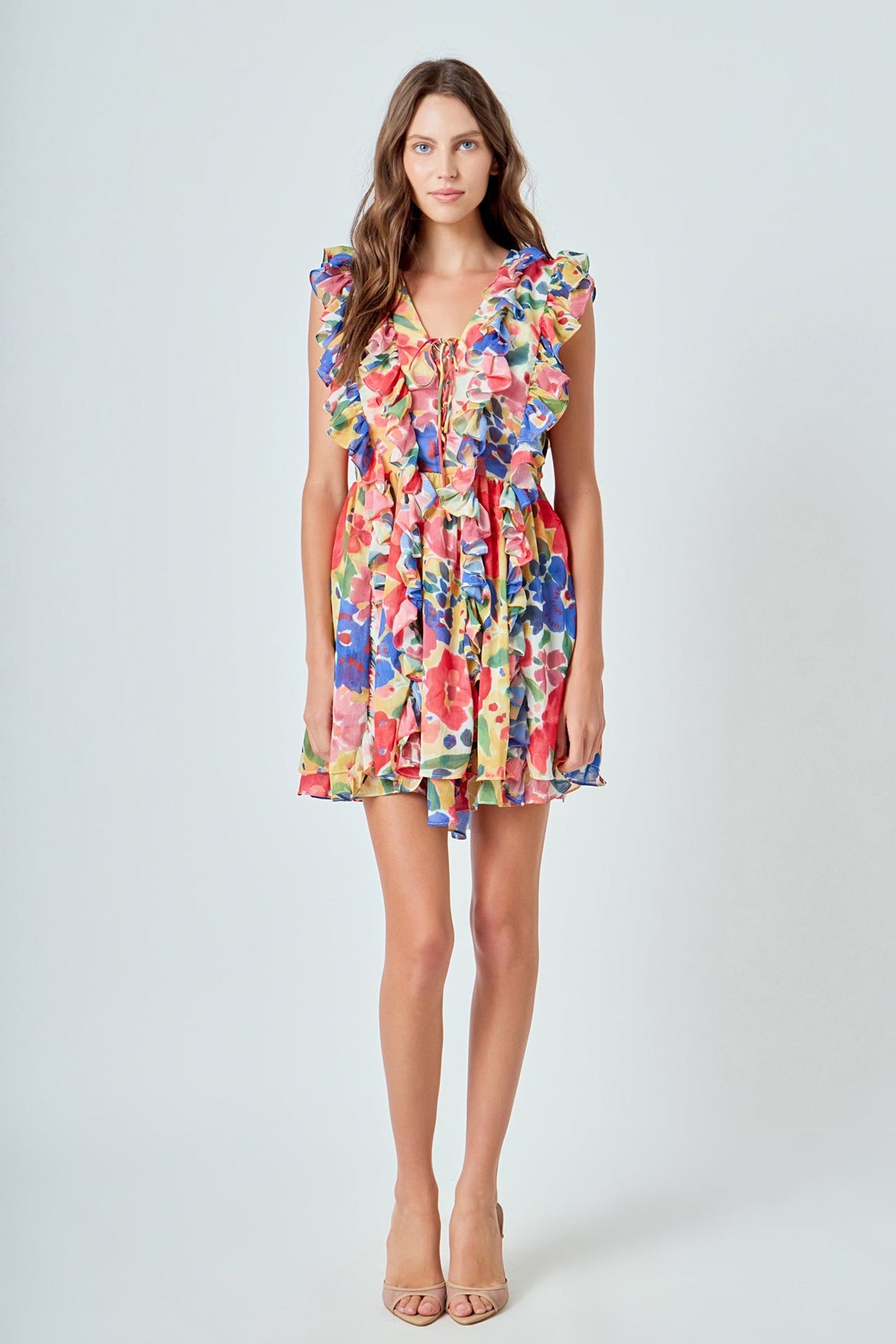 Multi Pop Floral Chiffon Ruffled Mini