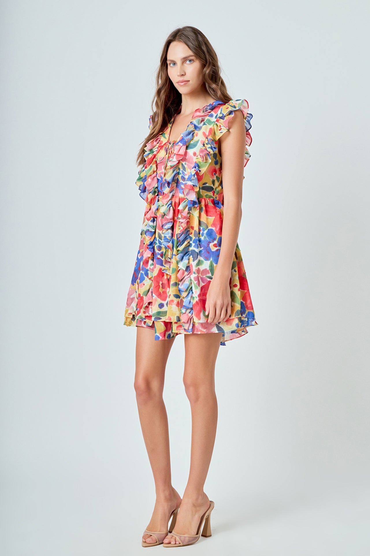 ENDLESS ROSE - Multi Pop Floral Chiffon Ruffled Mini - DRESSES available at Objectrare