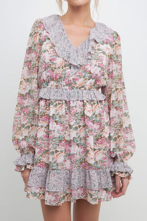 Multi Floral Contrast Ruffled Mini Dress