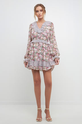Multi Floral Contrast Ruffled Mini Dress