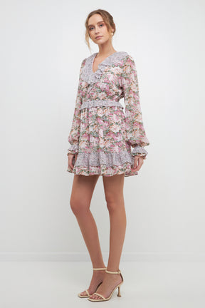 Multi Floral Contrast Ruffled Mini Dress