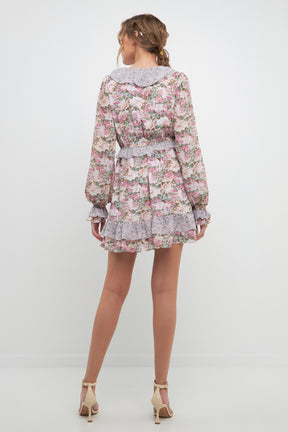 Multi Floral Contrast Ruffled Mini Dress
