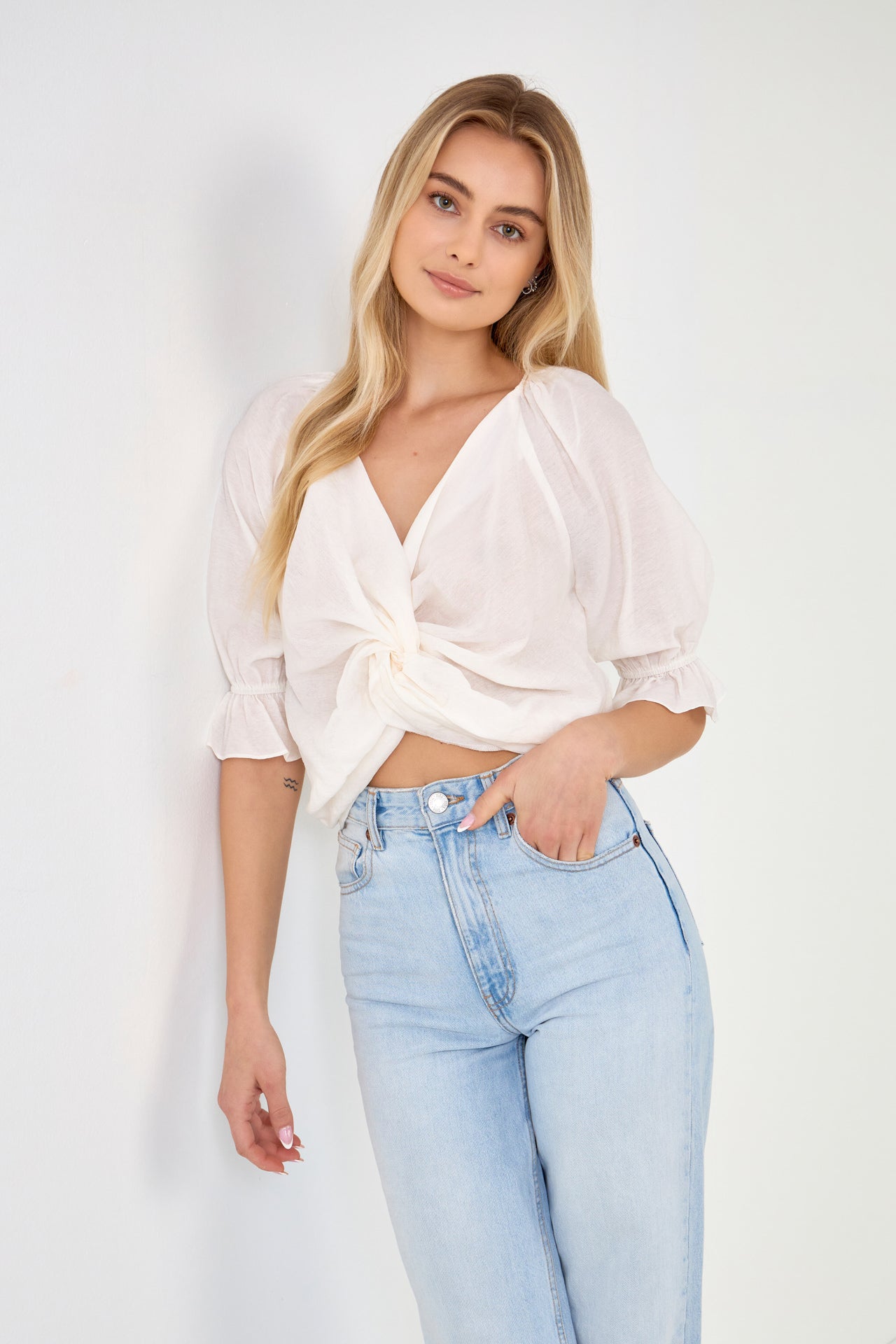 ENDLESS ROSE - Front Twisted Puff Sleeve Top - TOPS available at Objectrare