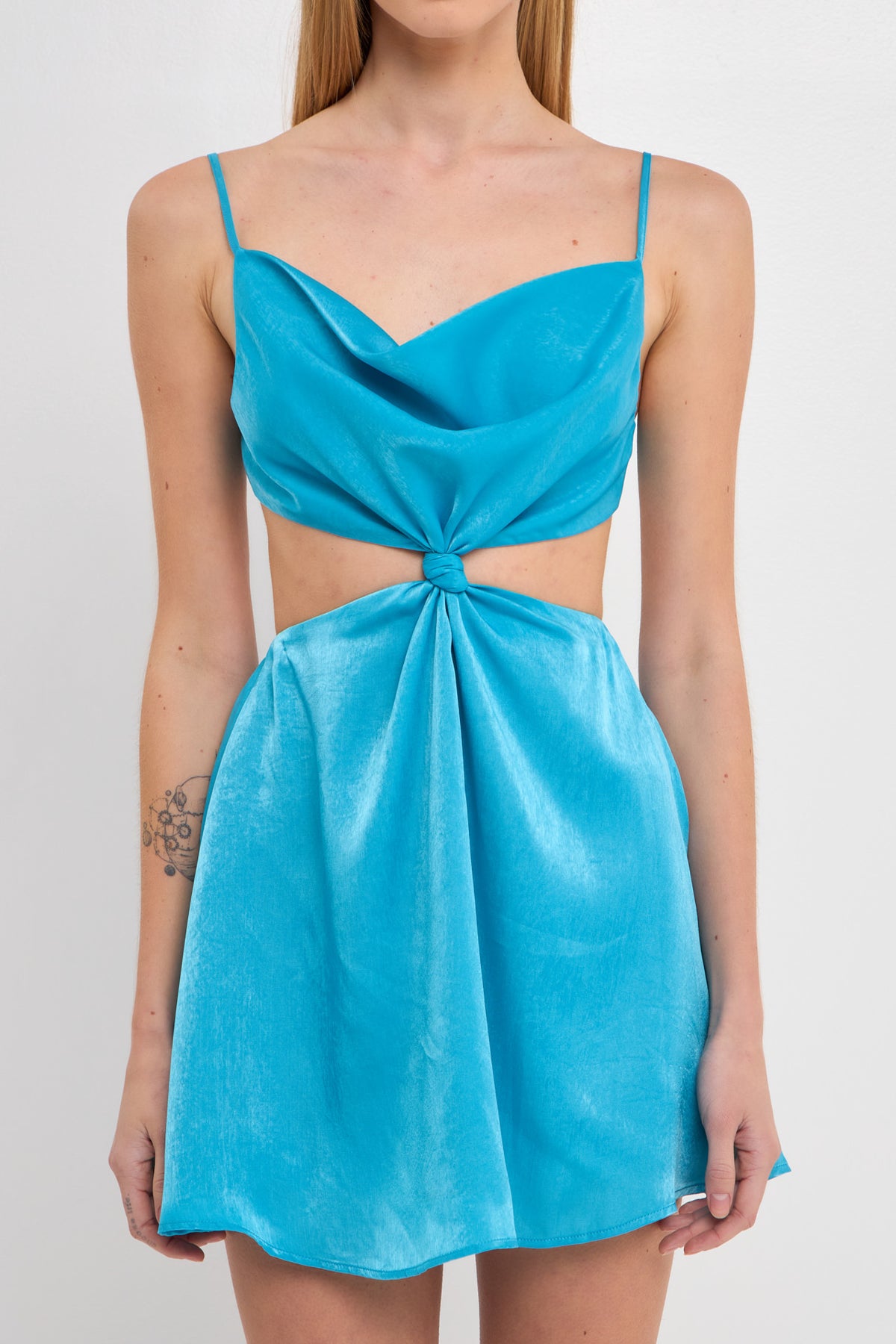 Creamy Satin Front Twist Cut Out Slip Mini Dress