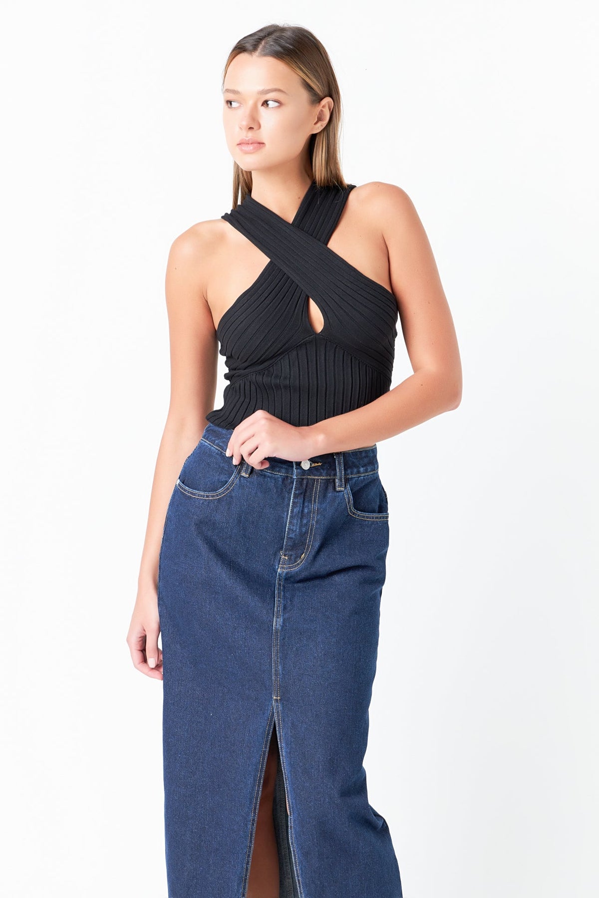 GREY LAB - Fine Rib Knit Halter Peekaboo Top - TOPS available at Objectrare