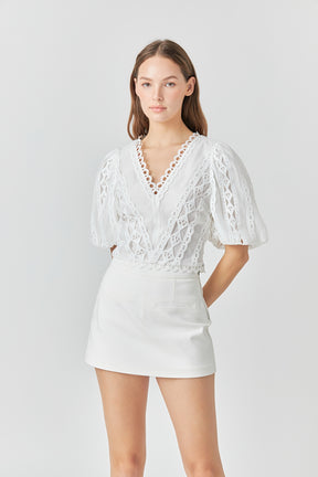 Laced V-Neck Puff Sleeve Top