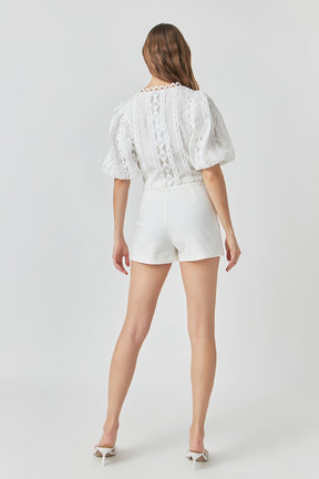 ENDLESS ROSE - Laced V-Neck Puff Sleeve Top - TOPS available at Objectrare