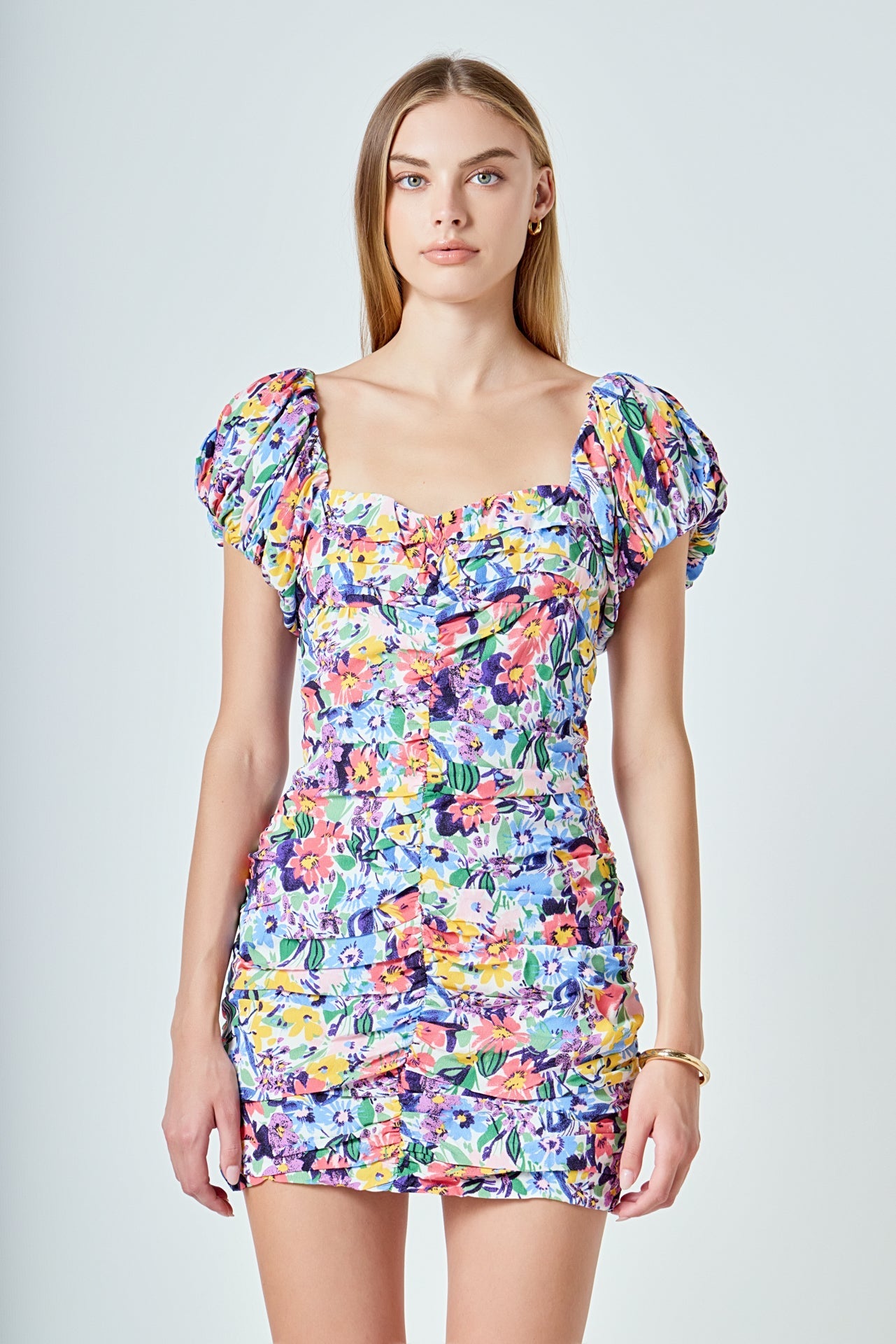 ENDLESS ROSE - Floral Off the Shoulder Ruched Mini Dress - DRESSES available at Objectrare