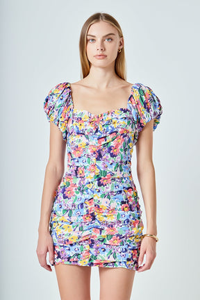 ENDLESS ROSE - Floral Off the Shoulder Ruched Mini Dress - DRESSES available at Objectrare