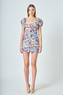 ENDLESS ROSE - Floral Off the Shoulder Ruched Mini Dress - DRESSES available at Objectrare