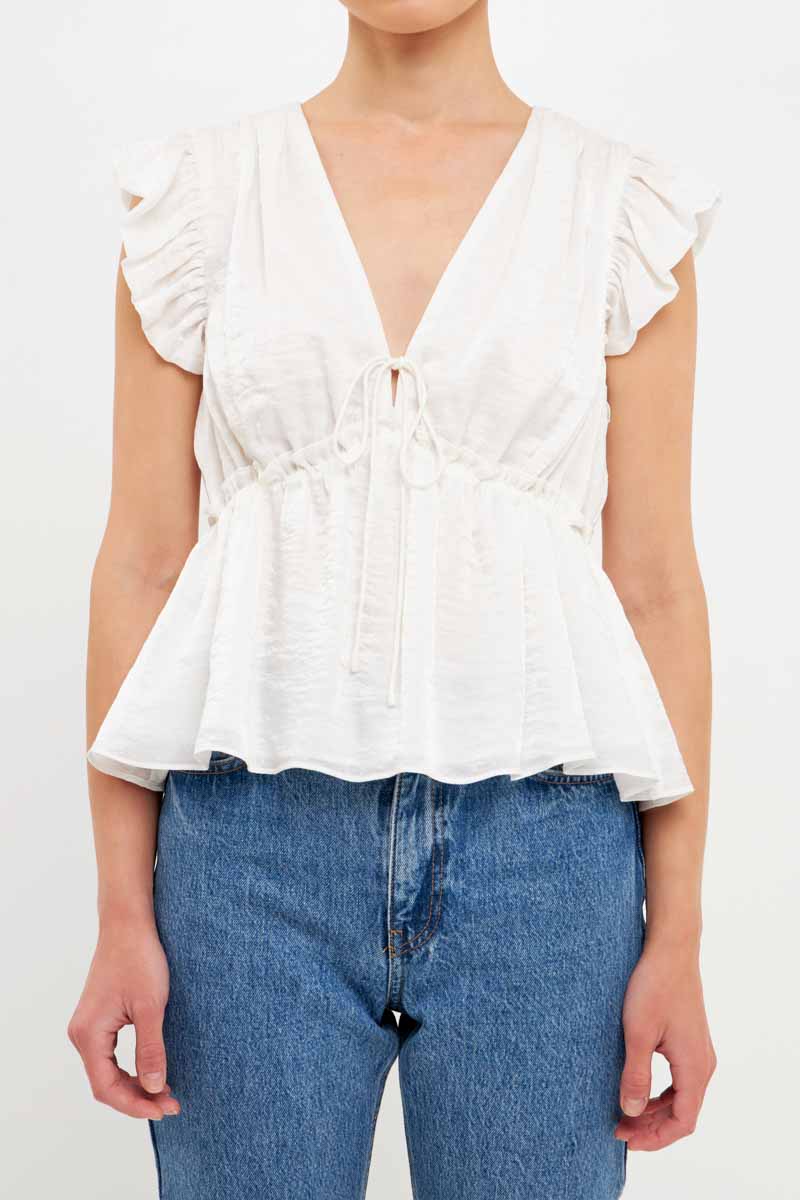 ENDLESS ROSE - Endless Rose - Light Sheen Woven Front Tie Top - TOPS available at Objectrare