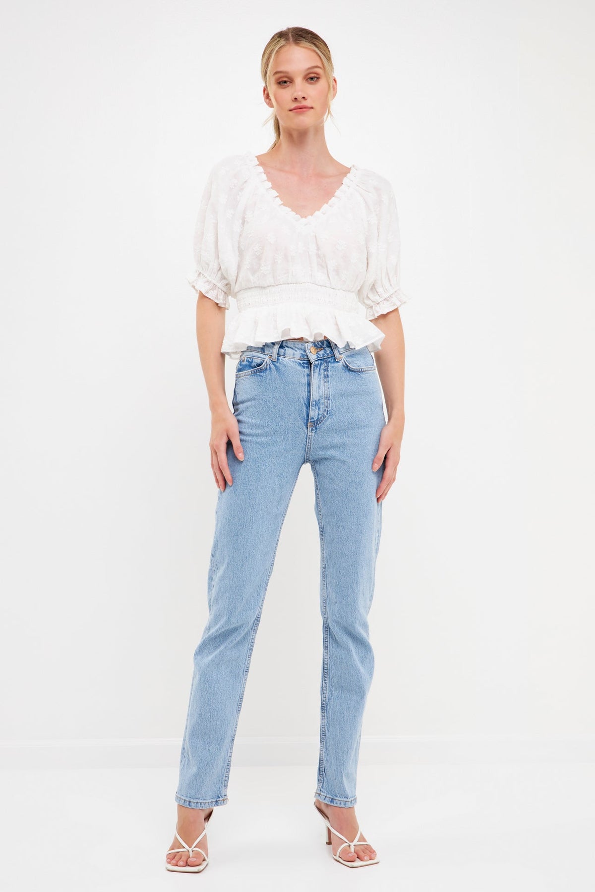 Floral Embroidered Smocked Off Shoulder Top