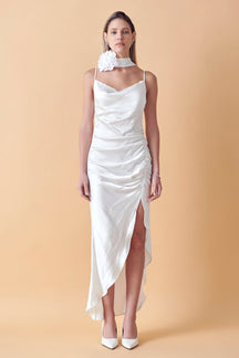 ENDLESS ROSE - Ruched Asymmetrical Satin Slip Maxi - DRESSES available at Objectrare