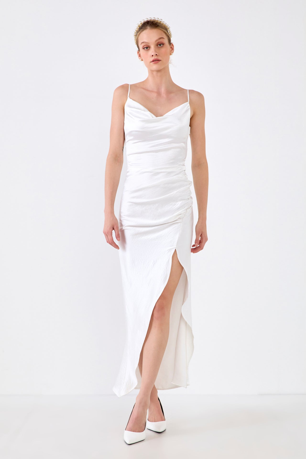ENDLESS ROSE - Ruched Asymmetrical Satin Slip Maxi - DRESSES available at Objectrare
