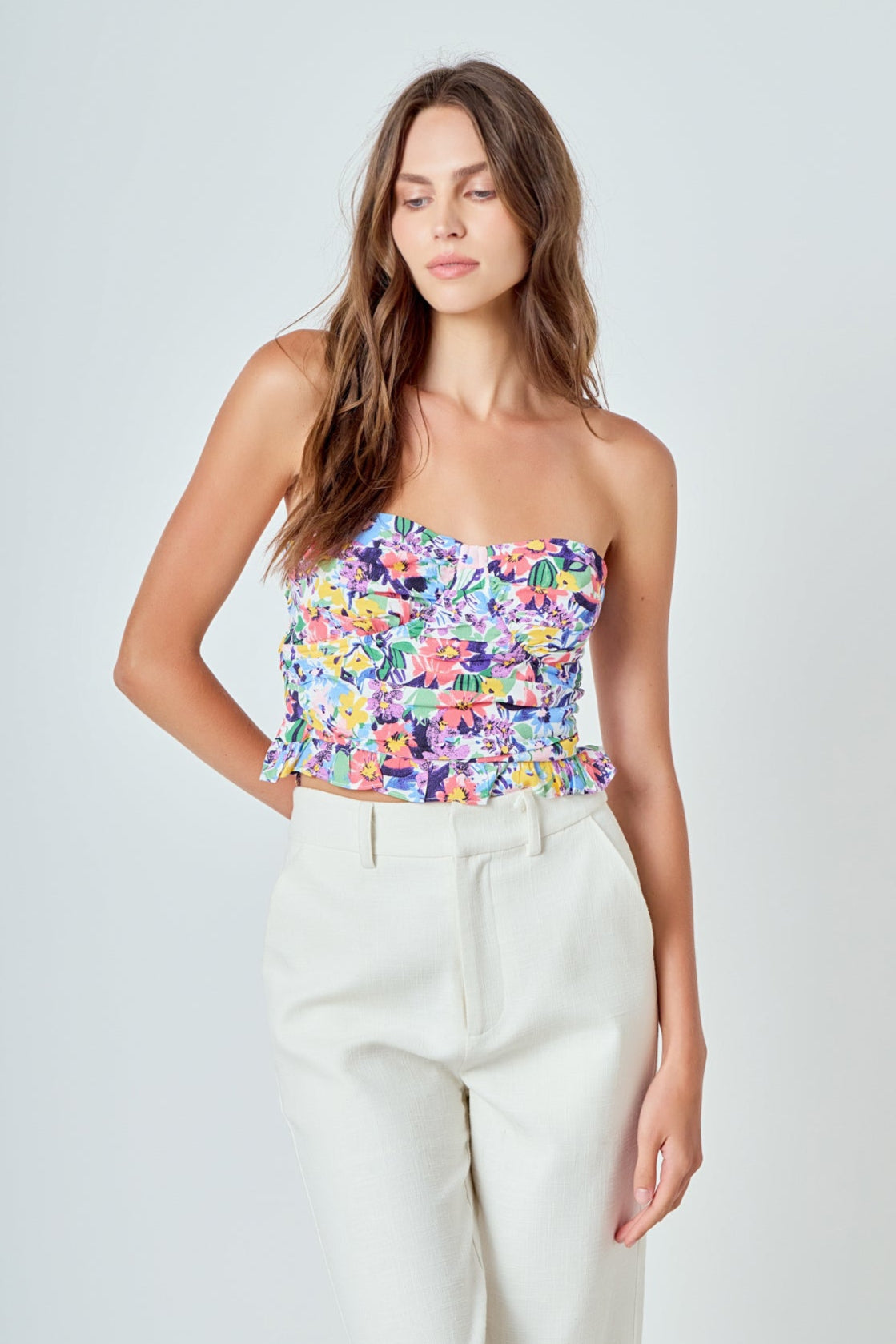 ENDLESS ROSE - Floral Ruched Strapless Top - TOPS available at Objectrare