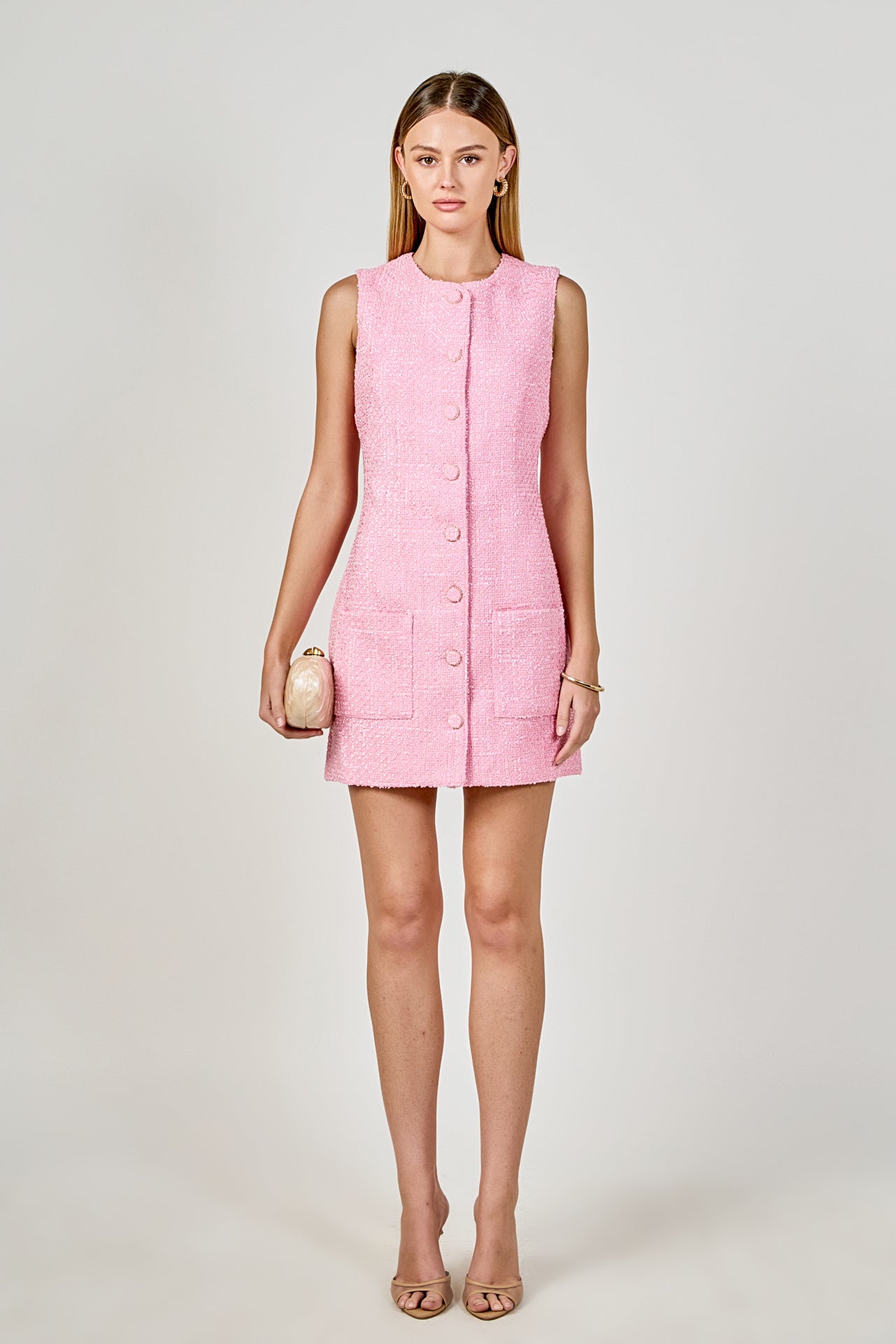 strapless open back dress Women's Savanna A-Line Square Neck Tweed Mini Dress XS/S/M/L/Customize Pink Beige Mean Blvd Pink Beige / S main image 1