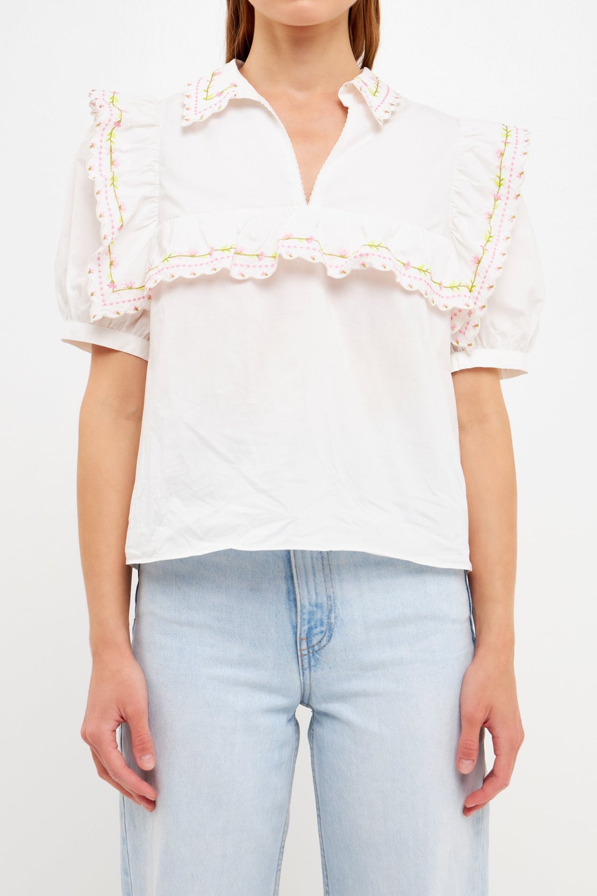 FREE THE ROSES - Floral Embroidered Short Sleeve Top - TOPS available at Objectrare