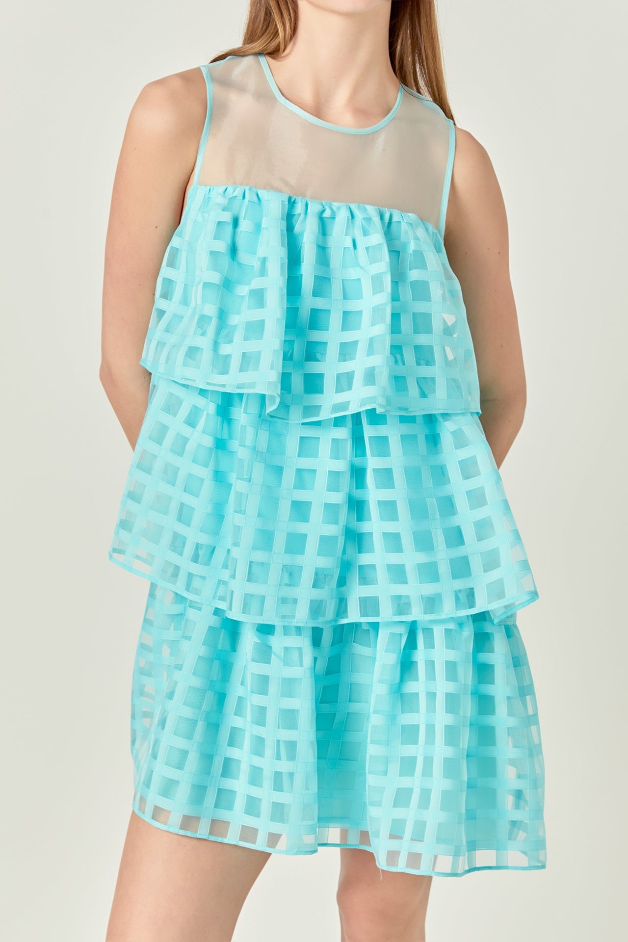Organza Gridded Tiered Sleeveless Mini Dress
