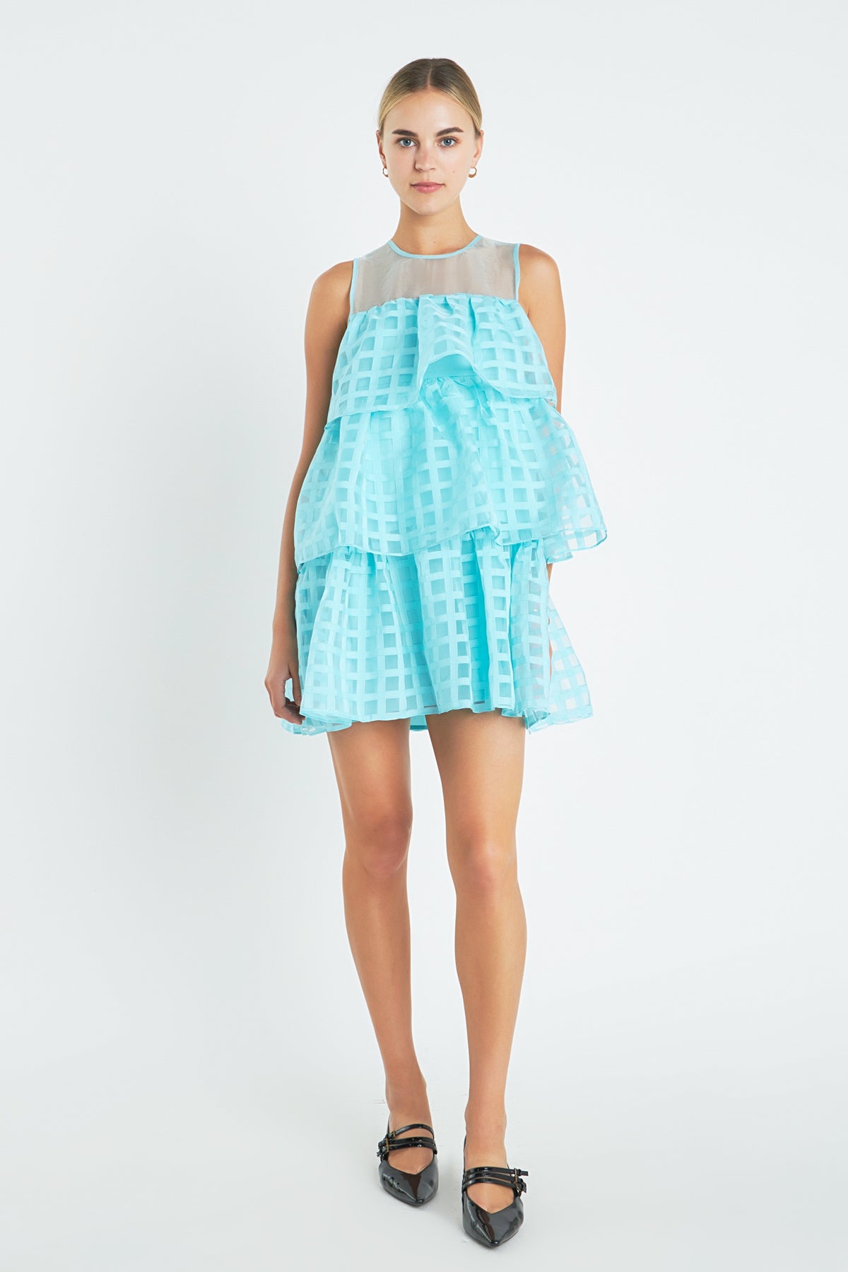 ENGLISH FACTORY - Organza Gridded Tiered Sleeveless Mini Dress - DRESSES available at Objectrare