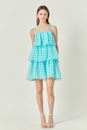 Organza Gridded Tiered Sleeveless Mini Dress