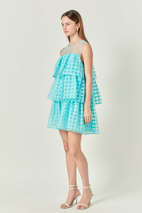 ENGLISH FACTORY - Organza Gridded Tiered Sleeveless Mini Dress - DRESSES available at Objectrare