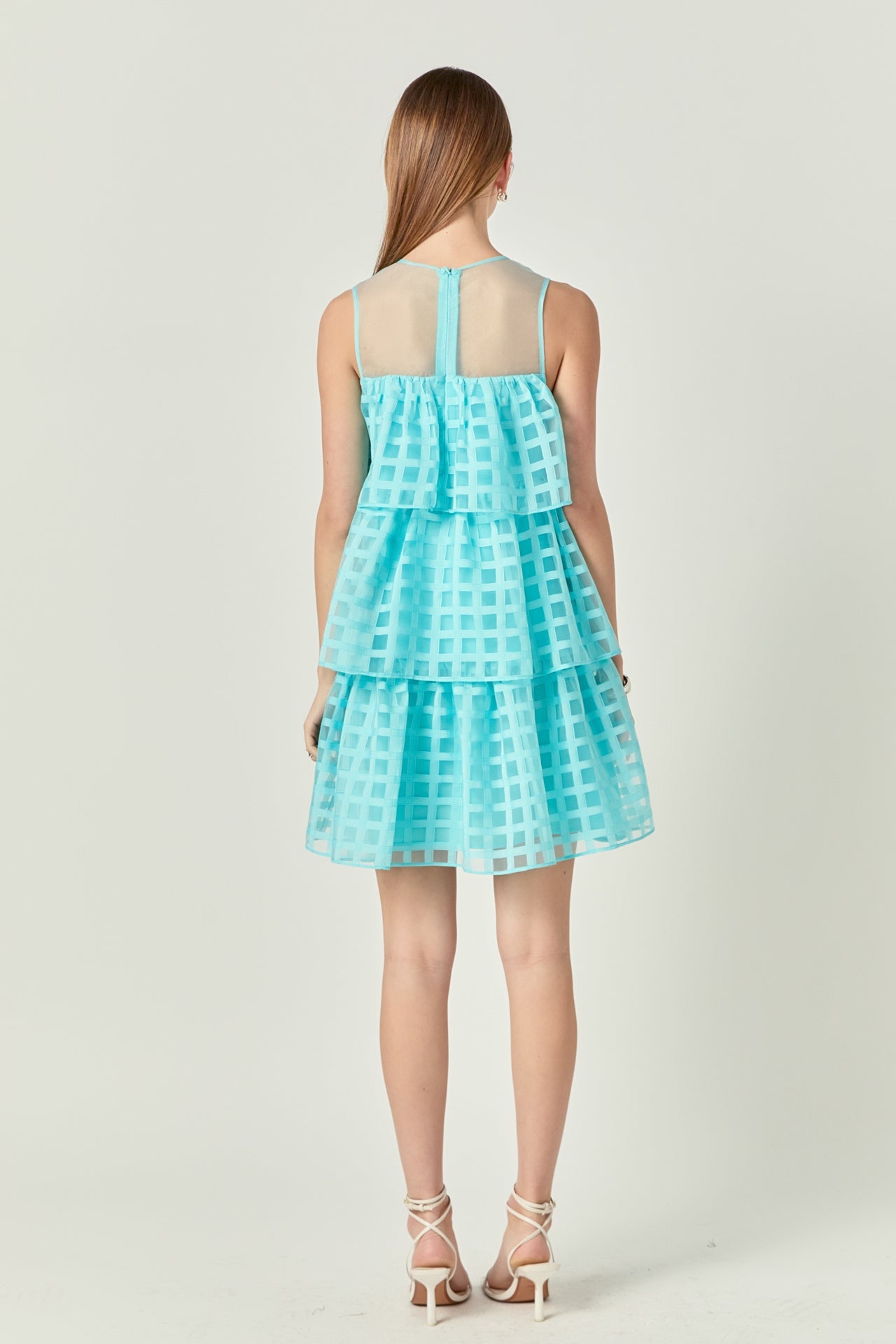 Organza Gridded Tiered Sleeveless Mini Dress