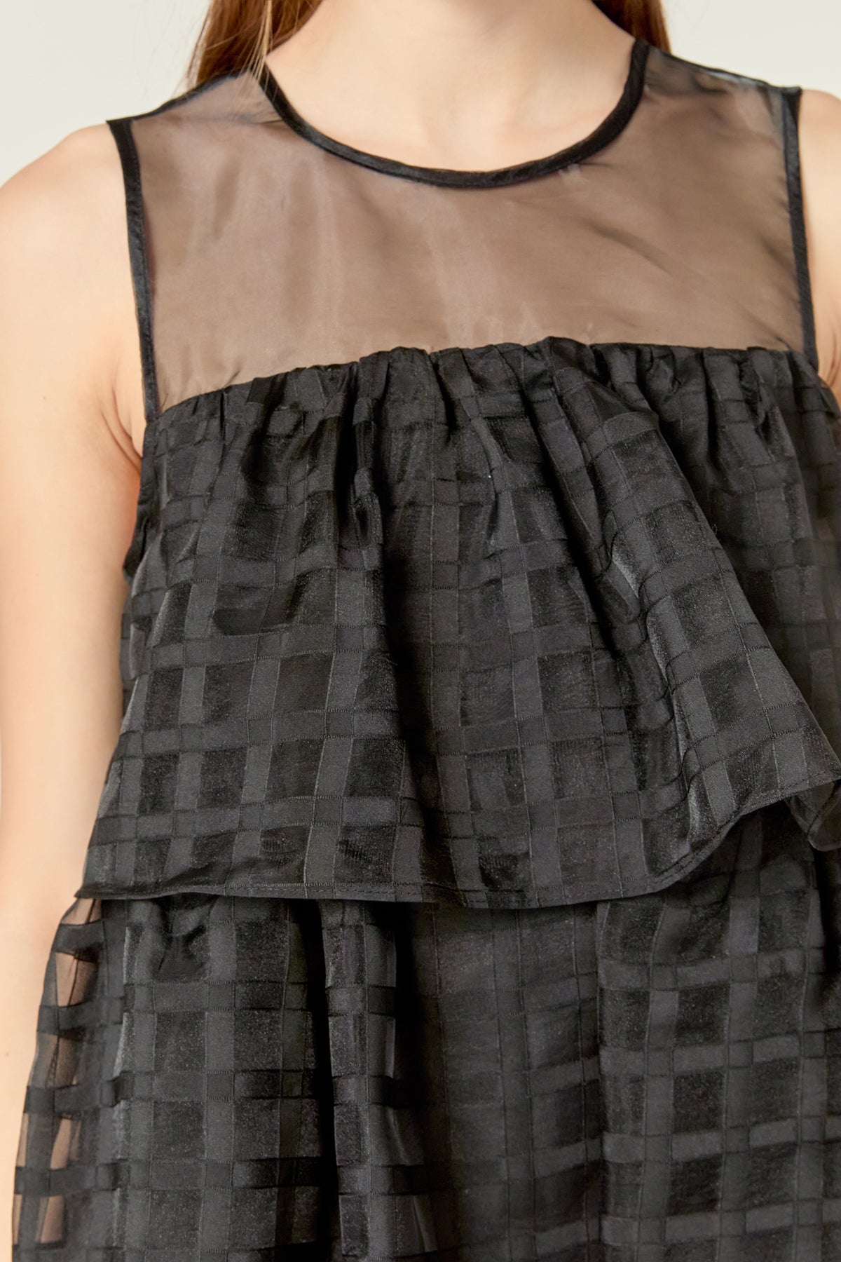 English Factory - Organza Gridded Tiered Sleeveless Mini Dress