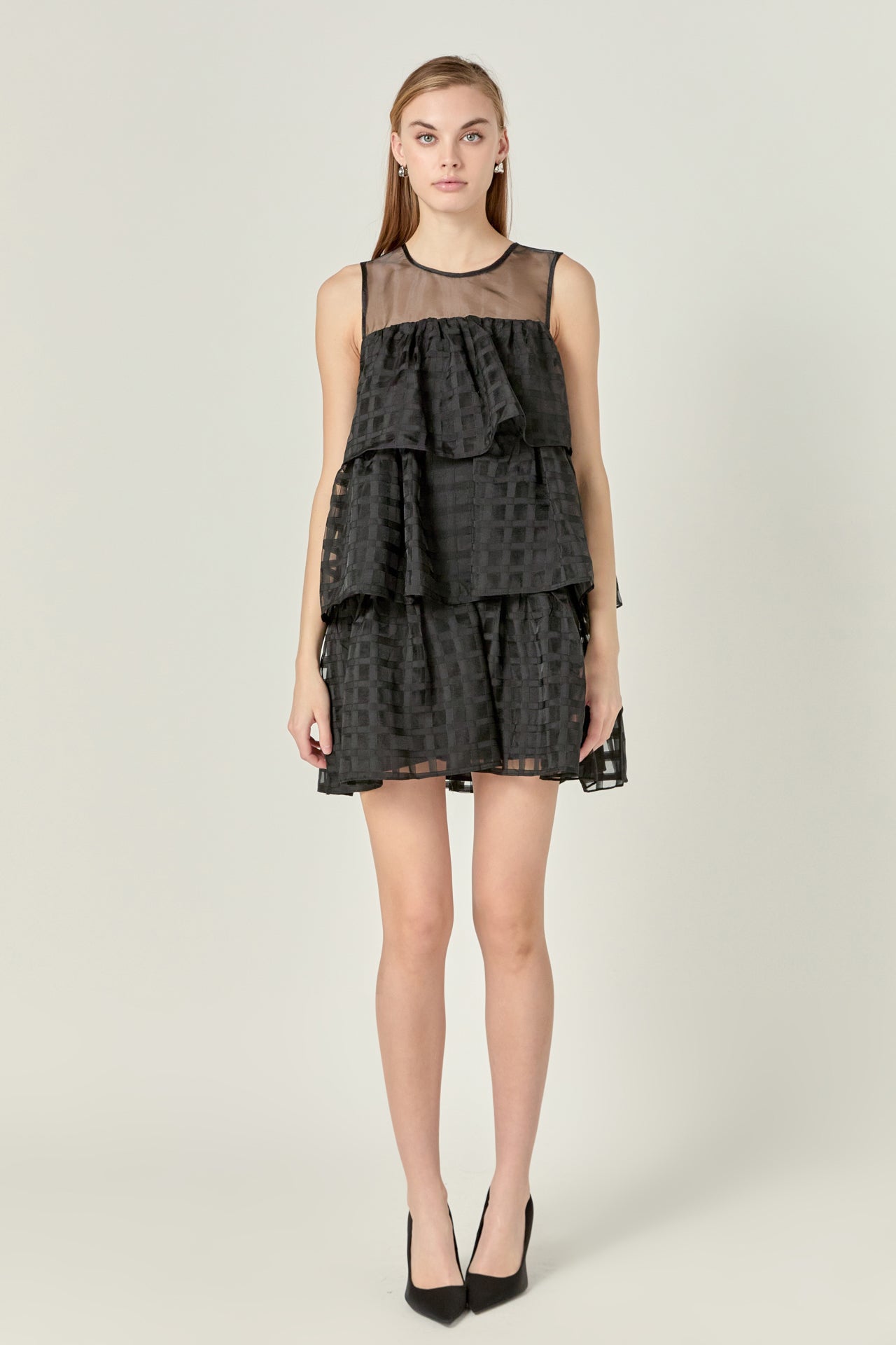 Organza Gridded Tiered Sleeveless Mini Dress