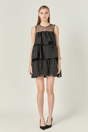 Organza Gridded Tiered Sleeveless Mini Dress