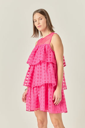 Organza Gridded Tiered Sleeveless Mini Dress